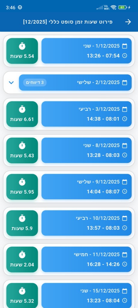 פירוט שעות יומי באפליקציית LWClock